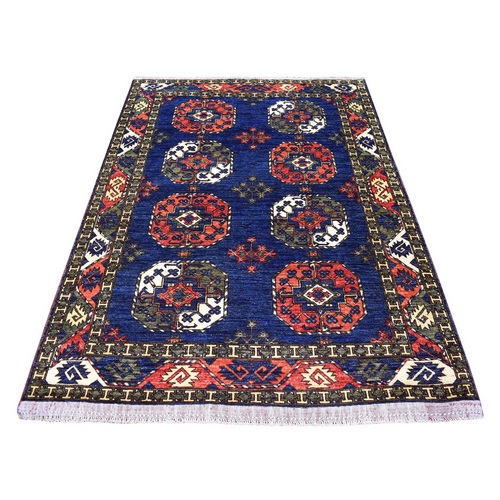 Afghan Ersari Elephant Feet Design Hand Knotted Organic Dyes Blue With Pop Of Color Oriental 