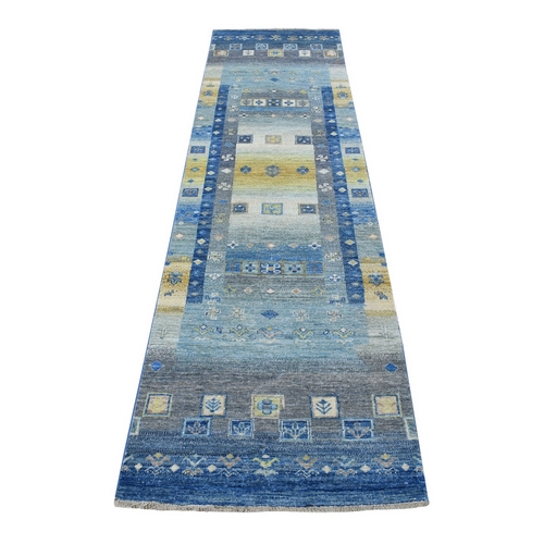 Denim Blue In A Colorful Palette Hand Knotted Kashkuli Gabbeh Pure Velvety Wool Oriental Runner 