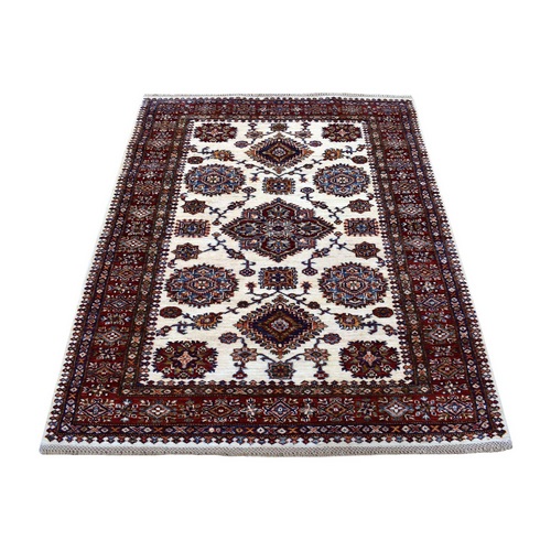 Ivory with Mix of Red Super Kazak Tribal Design Hand Knotted Afghan Wool Oriental 