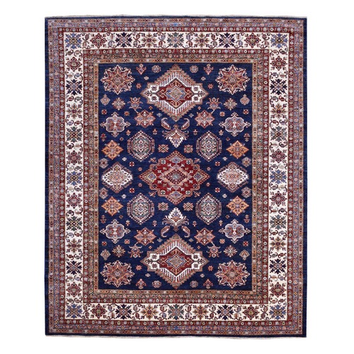 Navy Blue, Hand Knotted Afghan Super Kazak with Pop of Color, Natural Dyes Soft Wool Oriental Rug