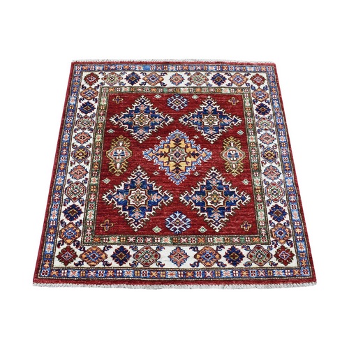 Super Kazak Red in a Colorful Palette Hand Knotted Extra Soft Pure Wool Oriental Square 