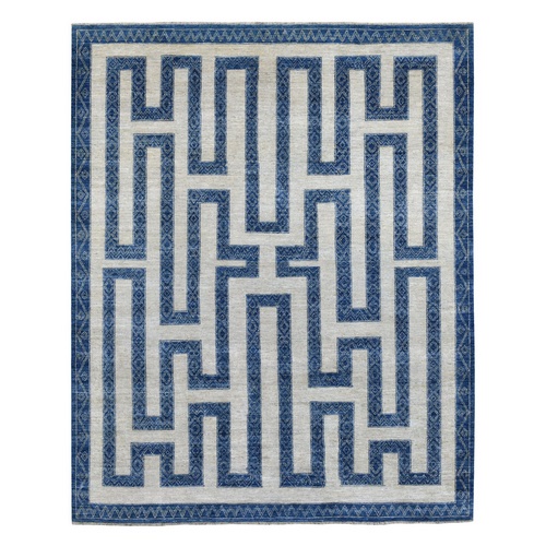 Blue Shiny Wool Maze Design With Berber Influence Hand Knotted Soft, Velvety Plush Oriental 