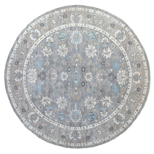 All New Hand Knotted Soft Velvety Wool Fine Peshawar Silver Gray With Floral Motifs Oriental Round 