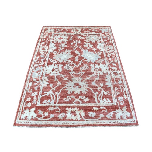 Red Angora Oushak With Faded Out Colors Extra Soft, Velvety Wool Hand Knotted Oriental Rug
