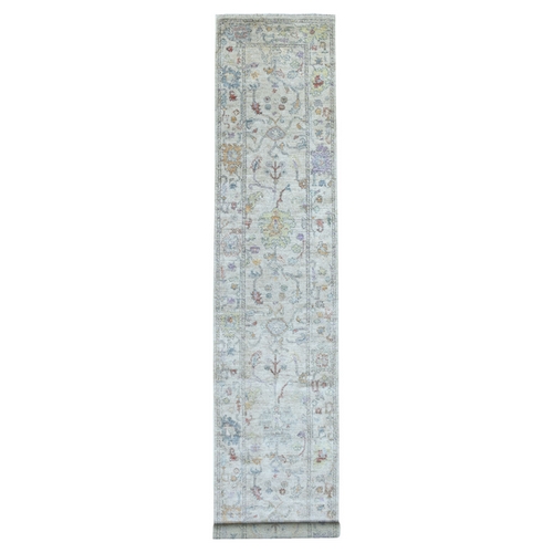 Hand Knotted Soft, Velvety Plush Angora Oushak Light Gray With Colorful Motifs Oriental XL Runner 