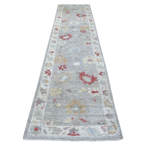 Angora Oushak Hand Knotted Soft Velvety Wool Gray with Colorful Motifs Oriental Runner 