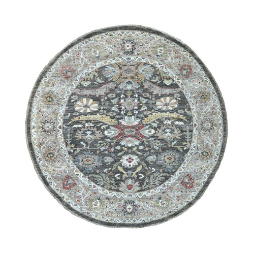 Extra Soft Wool Charcoal Black Fine Peshawar with Soft Colors Hand Knotted Round Oriental Rug Extra Soft Wool Charcoal Black Fine Peshawar with Soft Colors Hand Knotted Round Oriental Rug