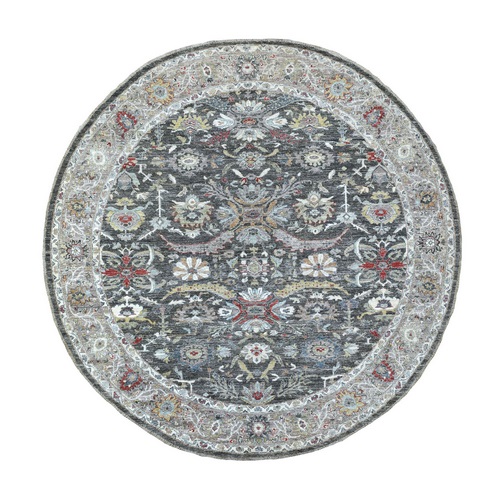 Charcoal Black Fine Peshawar in a Colorful Palette Hand Knotted Soft Pure Wool Oriental Round 