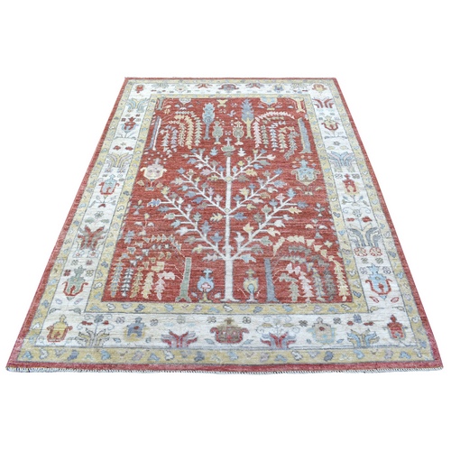 Hand Knotted Angora Oushak Red Soft And Supple Wool with Willow Tree Design Oriental Rug