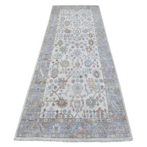 Hand Knotted Extra Soft Natural Wool Ivory Angora Oushak in a Colorful Palette Oriental Runner 