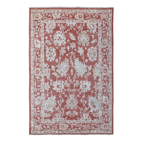 Red with Touches of Ivory Angora Oushak Hand Knotted Soft, Velvety Wool Floral Design Oriental Rug