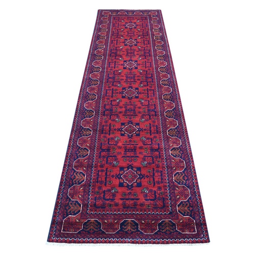Saturated Red Afghan Khamyab with Tribal Design Hand Knotted Shiny Wool Oriental Runner Rug Saturated Red Afghan Khamyab with Tribal Design Hand Knotted Shiny Wool Oriental Runner Rug