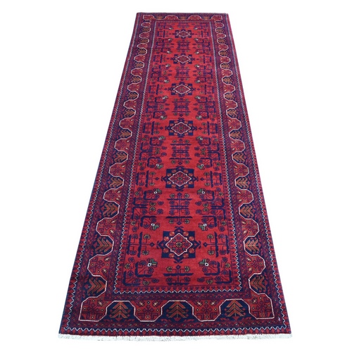 Saturated Red Afghan Khamyab with Geometric Design Hand Knotted Denser Weave with Shiny Wool Oriental Runner Rug