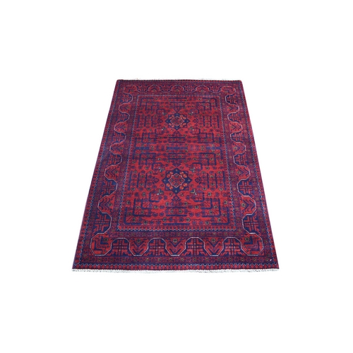 Denser Weave with Shiny Wool Deep and Saturated Red Afghan Khamyab With Geometric Design Hand Knotted Oriental Rug
