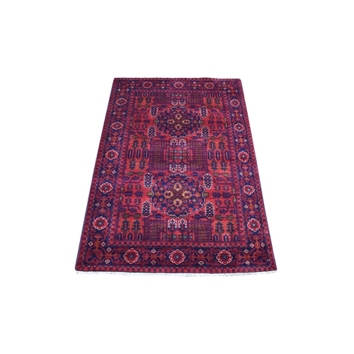 Saturated Red Afghan Khamyab with Double Medallion Design Hand Knotted Denser Weave with Shiny Wool Oriental Rug