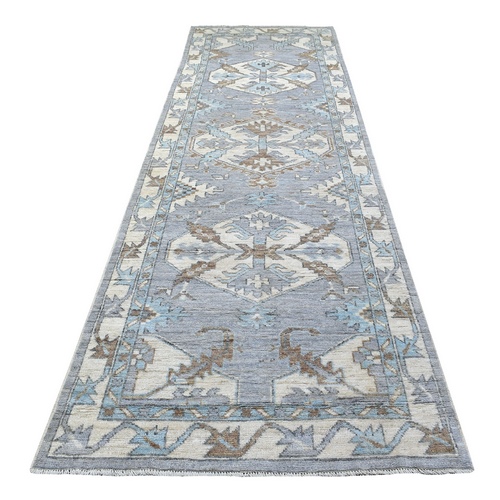 Gray Geometric Anatolian Village Inspired Angora Oushak Hand Knotted Natural Wool Oriental Runner 