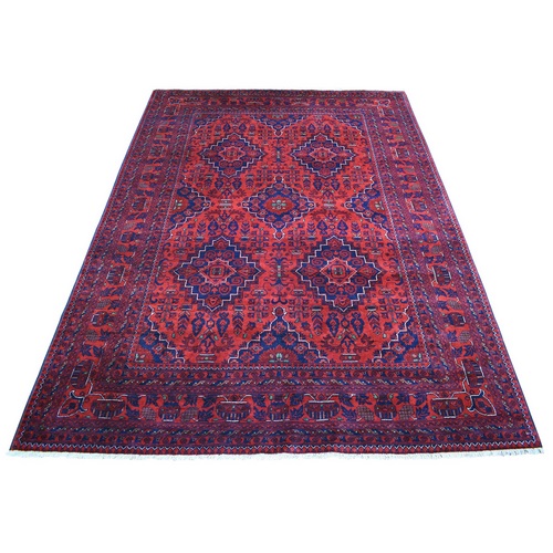 Afghan Khamyab Deep and Saturated Red with Geometric Design Hand Knotted Denser Weave with Shiny Wool Oriental 