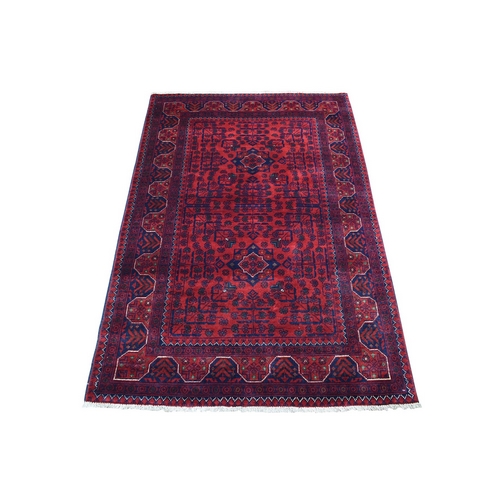 Saturated Red Afghan Khamyab with Geometric Medallion Design Hand Knotted Denser Weave with Shiny Wool Oriental 