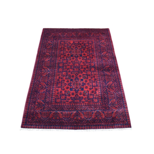 Deep and Saturated Red Afghan Khamyab with Double Geometric Medallion Design Hand Knotted Denser Weave with Shiny Wool Oriental 