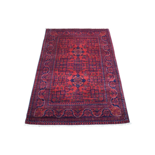 Deep and Saturated Red Afghan Khamyab Geometric Design Denser Weave with Shiny Wool Hand Knotted Oriental 
