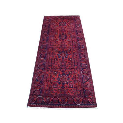 Afghan Khamyab Geometric Design Deep and Saturated Red Denser Weave with Shiny Wool Hand Knotted Runner Oriental 