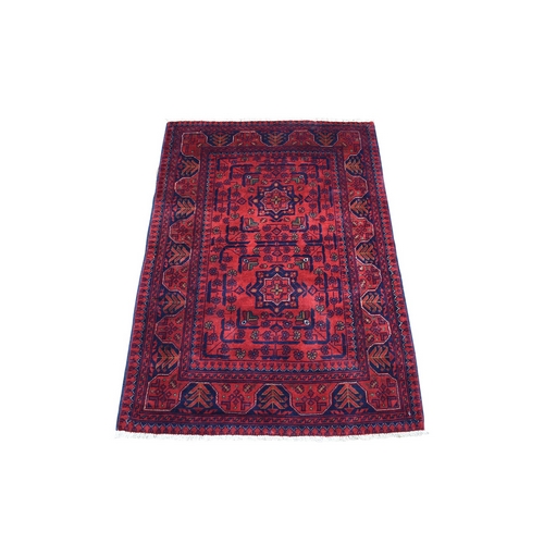 Deep and Saturated Red Denser Weave with Shiny Wool Hand Knotted Geometric Design Afghan Khamyab Oriental 