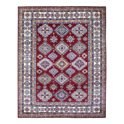 Deep Red Soft Afghan Wool Hand Knotted Super Kazak with Geometric Design Oriental 