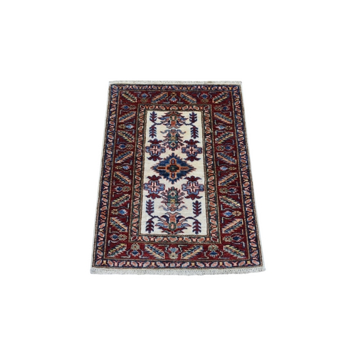 Hand Knotted Tribal Design Super Kazak Soft Afghan Wool Ivory with Pop of Color Oriental Mat Rug
