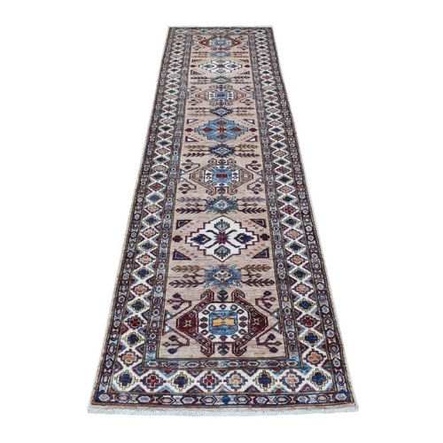 Super Kazak with Tribal Medallions Design Light Brown Pure Wool Hand Knotted Oriental Runner 