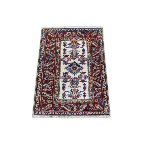 Ivory Super Kazak Tribal and Floral Design Extra Soft Wool Hand Knotted Mat Oriental Rug