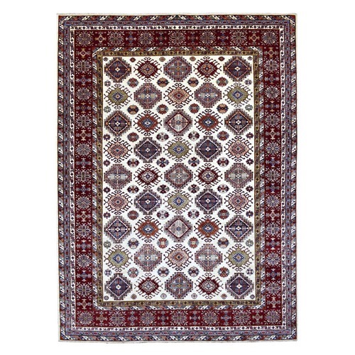 Ivory with a Dark Red Border Super Kazak with Colorful Repetitive Medallions Afghan Shiny Wool Hand Knotted Oriental 