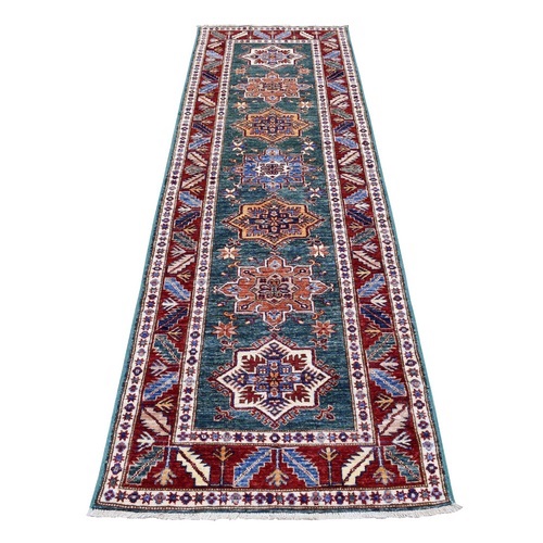 Green with Pop of Color Hand Knotted Soft Natural Wool Tribal Medallions Super Kazak Oriental Runner 