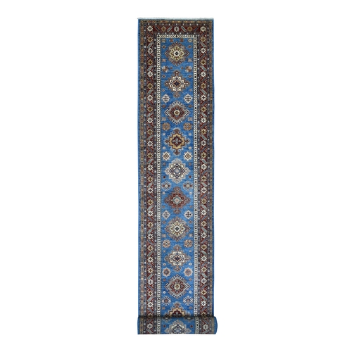 Super Kazak Light Blue with Tribal Medallions Design Extremely Durable Hand Knotted Oriental XL Runner 