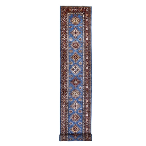 Faded Blue Super Kazak with Tribal Medallions Design Extra Soft Wool Hand Knotted Oriental XL Runner 