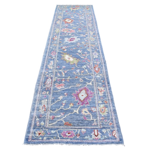 Hand Knotted Denim Blue Angora Oushak with Large Leaf Design Pure Wool Oriental Wide Runner 