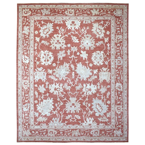 Angora Oushak with Floral All Over Design Hand Knotted Brick Red Soft Afghan Wool Oriental Oversized Rug