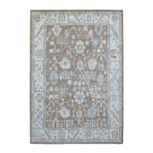 Almond Brown with Touches of Light Blue Hand Knotted Angora Oushak Soft, Velvety Wool Oriental Rug