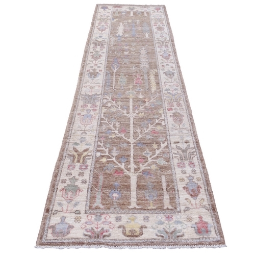 Angora Oushak with Cypress Tree Design Soft Afghan Wool Honey Brown Hand Knotted Oriental Runner Rug