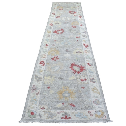 Extra Soft Wool Gray Angora Oushak with Pop of Red and Yellow Hand Knotted Oriental Wide Runner 