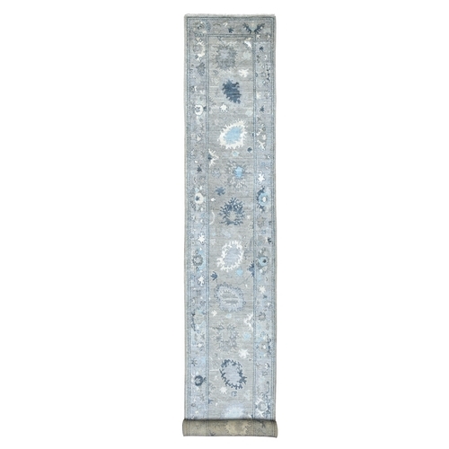 Gray with Pop of Blue Leaf Design Angora Oushak Beautiful Hand Knotted Shiny Wool Oriental XL Runner 