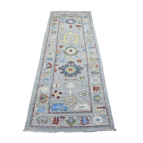 Hand Knotted Gray Angora Oushak with Soft Colors Pure Wool Oriental Runner Rug