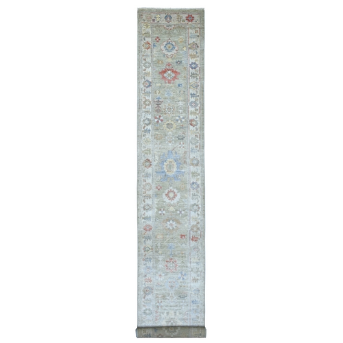 Hand Knotted Angora Oushak with Colorful Motifs Gray Extra Soft Wool Oriental XL Runner 