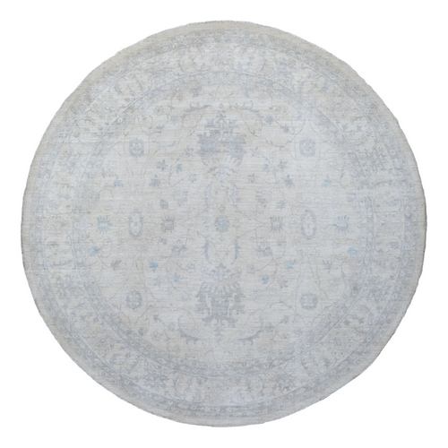 White Wash Peshawar with Obscure Design Pure Wool Hand Knotted Ivory Oriental Round 