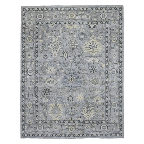 Light Gray Angora Oushak with Tribal Design Extra Soft Wool Hand Knotted Oriental 