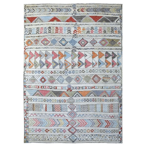 Ivory Pure Wool Moroccan Berber with Colorful Geometric Design Hand Knotted Shabby Chic Oriental 