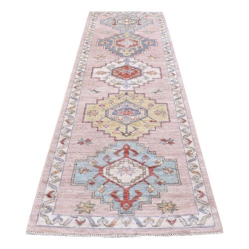 Silvery Pink, Hand Knotted Pure Wool, Anatolian Village Inspired Design with Large Medallions, Runner Oriental Rug