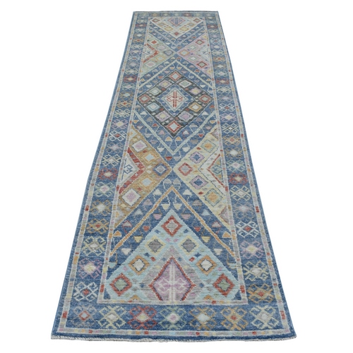 Hand Knotted Denim Blue Geometric Anatolian Village Inspired Angora Oushak Organic Wool Wide Runner Oriental 