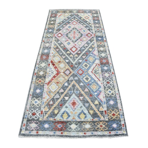 Gray with Soft Colors Geometric Anatolian Village Inspired Hand Knotted Pure Wool Oriental Wide Runner 