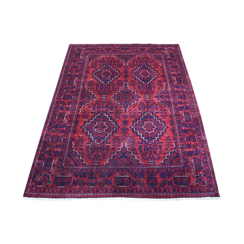 Saturated Red Afghan Khamyab with Geometric Design Hand Knotted Denser Weave with Shiny Wool Oriental 