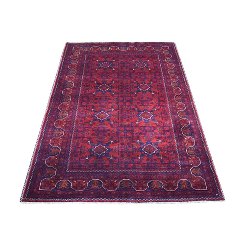 Saturated Red with Pop of Navy Blue Afghan Khamyab Hand Knotted Denser Weave with Shiny Wool Oriental Rug